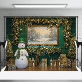 Aperturee - Aperturee Elegant Green Christmas Photography Backdrop Lighted Snowman with Gold Garland Holiday Mini Session Background
